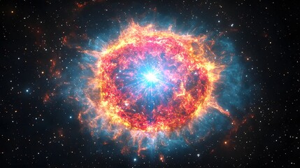 Fototapeta premium A vibrant depiction of a supernova explosion in space. Intense colors of red, orange, and blue depict the cosmic event against a backdrop of stars.