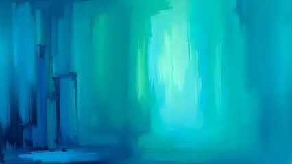 A serene abstract scene featuring soft blue and green hues, suggesting a tranquil corridor or pathway illuminated from within.