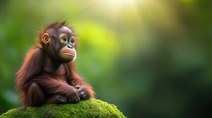 Naklejka premium baby orangutan sitting on mossy rock in lush green forest, looking contemplative and serene