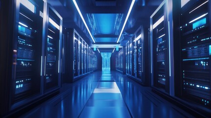 Fototapeta premium Server Room with Blue Neon Lights