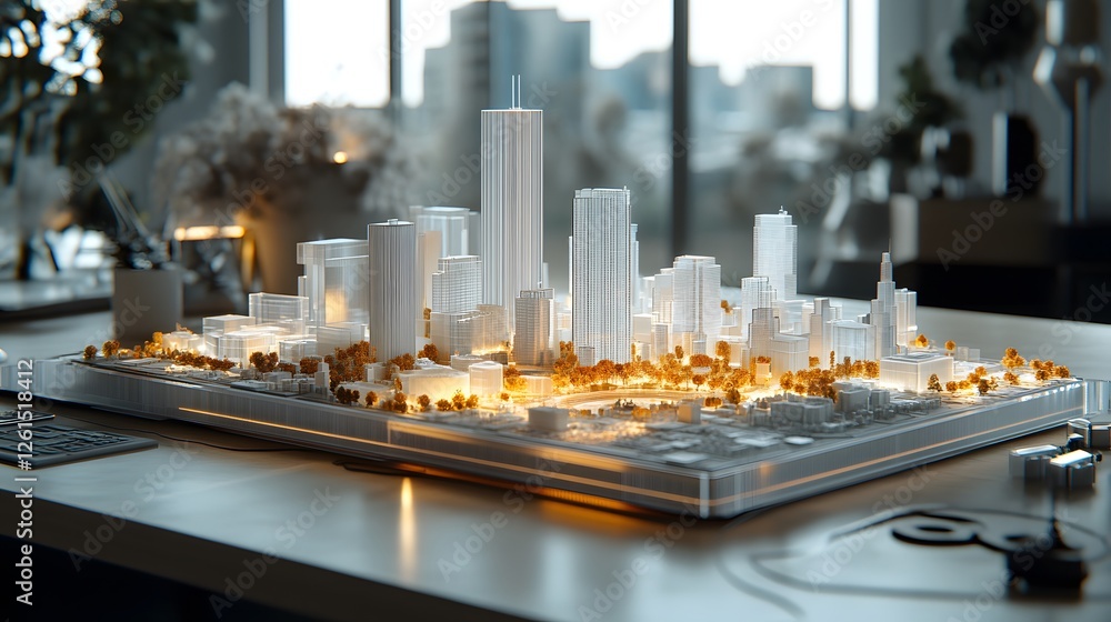 Poster city model displayed on table with computer for organized voxel asset management and digital interfa