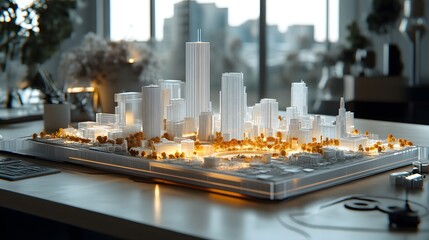 City model displayed on table with computer for organized voxel asset management and digital interface