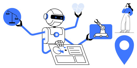 Robot with multiple arms holding justice scales, heart, robotic arm, document, and map pin. Woman observing thoughtfully. Ideal for AI, balance, healthcare technology navigation decision-making