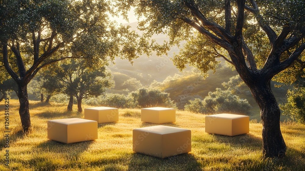 Aufkleber group of trees and organic blocks in a serene forest setting with natural sunlight filtering through