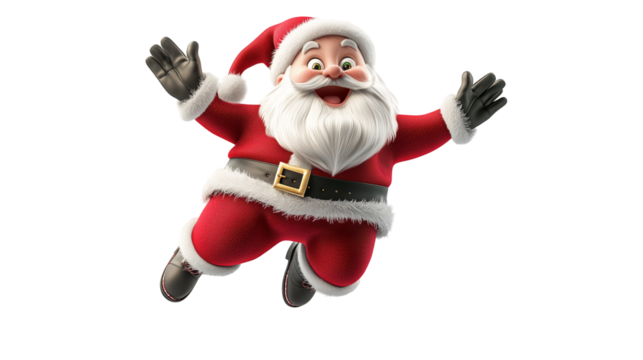 Joyful Cartoon Santa Claus Jumping with Excitement for Christmas Festivities, isolated on transparent background png 