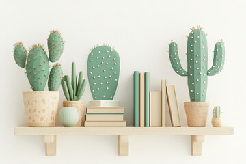 Minimalist shelf display with cacti, books, and decorative pots