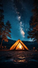 Stargazing Campfire Night:  A Cozy Tent Glows Under the Milky Way, Reflecting Warmth on the Ground Amidst the Serene Wilderness.