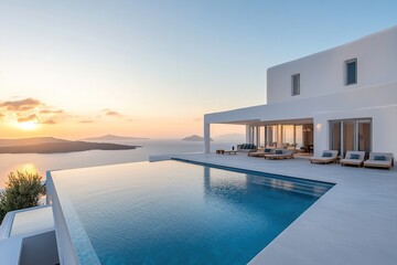 Fototapeta premium Sunset Views: Infinity Pool Villa Design with Modern Architecture and Ocean Panorama