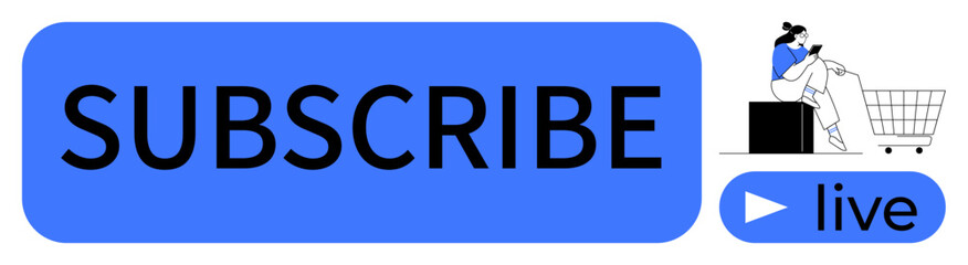 Large blue subscribe button next to a person sitting on boxes, using a laptop, with a shopping cart. Ideal for e-commerce, digital marketing, online retail, customer engagement, subscription