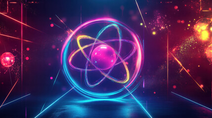 Abstract, neon-glowing, futuristic background with an atomic model