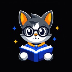 Obraz premium Cute cartoon cat wearing glasses, reading a book.