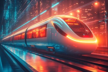 Fototapeta premium Futuristic train speeds through neon city