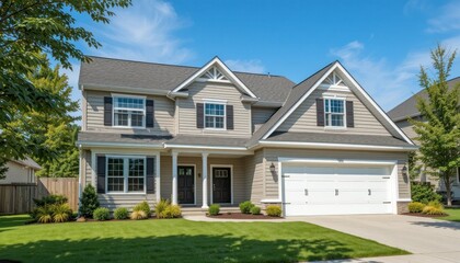 Suburban Dream Home: Two-Story House with Garage and Lush Lawn