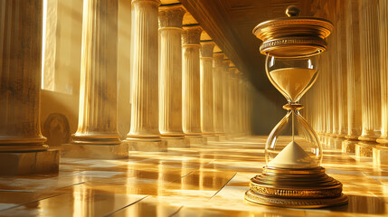 Golden hourglass in ancient columned hall, symbolizing passage of time amidst cascading sand. an elegant metaphor for patience and history. Temporal Corridors. Illustration