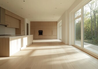Fototapeta premium Sunlight Streams into Modern Minimalist Kitchen with Wooden Cabinets and Hardwood Floors, Creating a Serene Atmosphere.