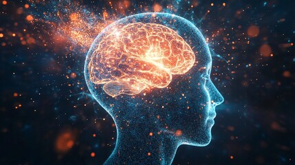 Abstract glowing human head profile with brain concept and particle effect background