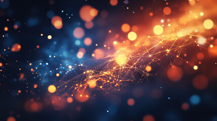 Obraz premium Abstract digital background with glowing connections and network dots in shades of dark orange and blue