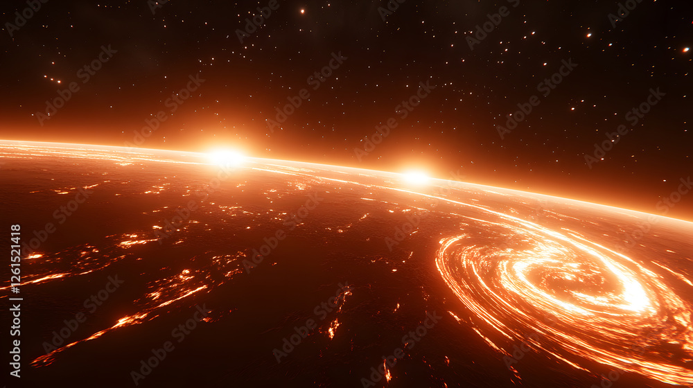 Poster stunning view of a fiery, lava-filled planet with two suns setting on the horizon. glowing swirls of