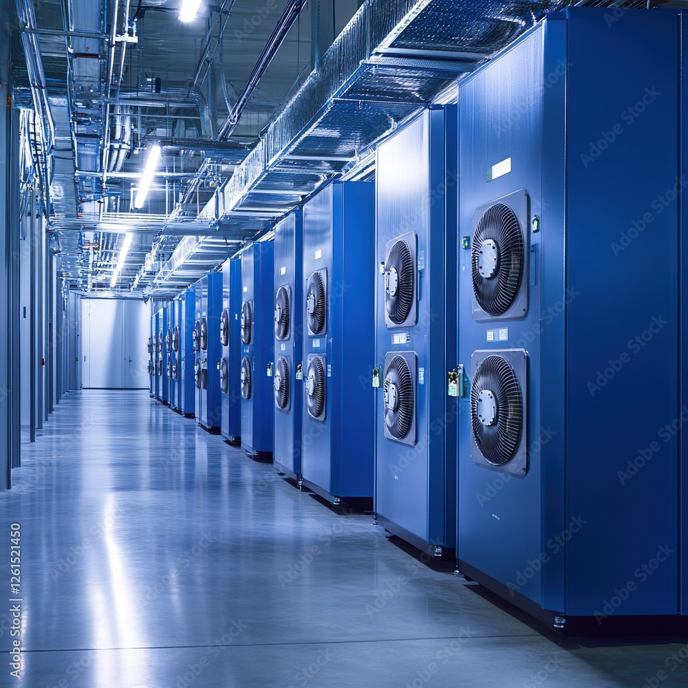 Poster exploring a modern data center: rows of blue servers and efficient cooling systems illuminate advanc