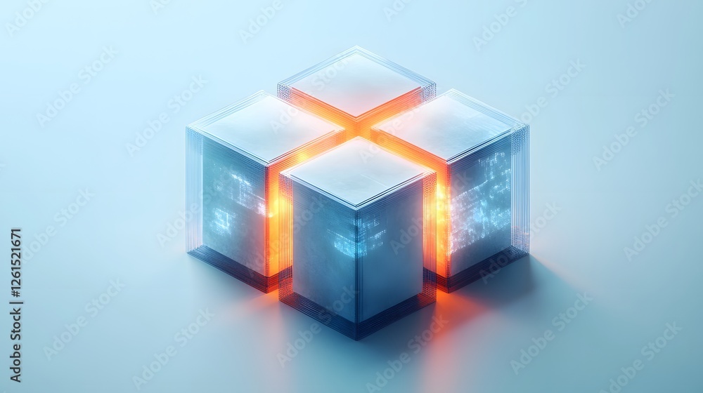 Poster glowing cube with light inside in minimalist voxel design on clean white background