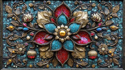 Fototapeta premium Spectacular Mosaic Artwork: Intricate Floral Design with Jewel Tones
