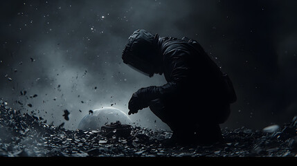 Silhouetted astronaut kneels on a desolate, rocky landscape, examining a device. A distant planet and space debris are visible. Dark, moody, and cinematic.