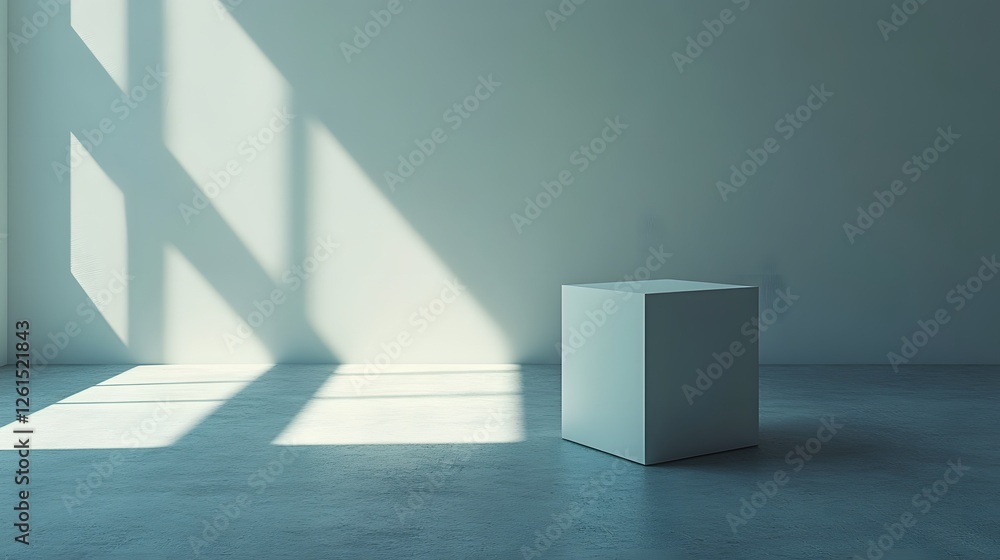 Poster white cube object in a minimalist room with a window and simple interior design elements