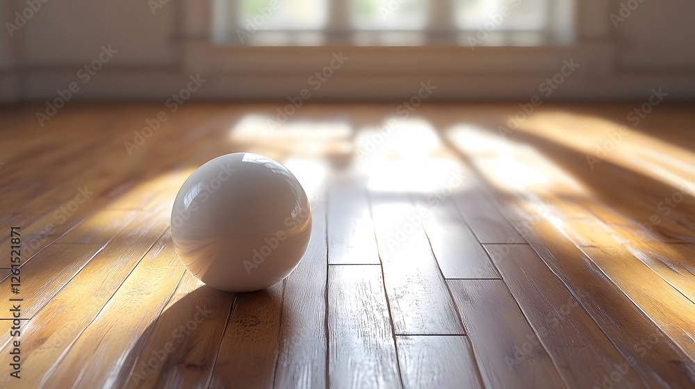 Poster white ball resting on wooden floor in minimalist 3d design with simple object arrangement