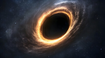 Fototapeta premium A mesmerizing cosmic illustration of a black hole, encircled by fiery, swirling gases. The dark void contrasts with vibrant, glowing energy against a backdrop of distant stars.