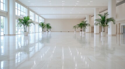 Spacious lobby, palm plants, bright windows, marble floor, modern building interior