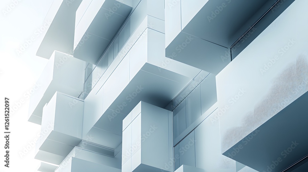 Poster building with numerous windows and minimalist 3d geometric forms against a blue sky background