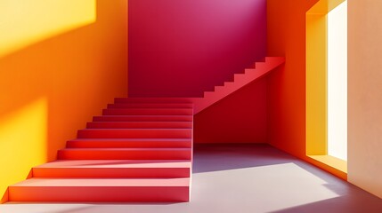 Colorful staircase with bright light and minimalist geometric forms in a modern architectural setting