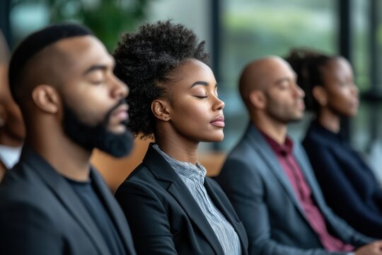 Businesspeople meditate in a row, eyes closed. Illustrates corporate wellness, mindfulness, and stress reduction.