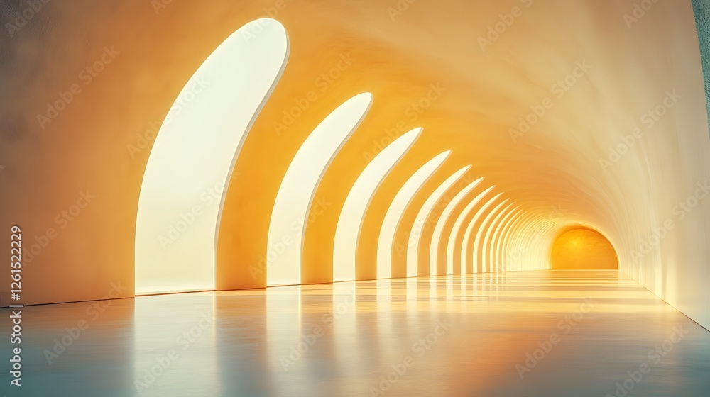 Poster minimalist 3d tunnel with curved elements and light at the end on a clean background