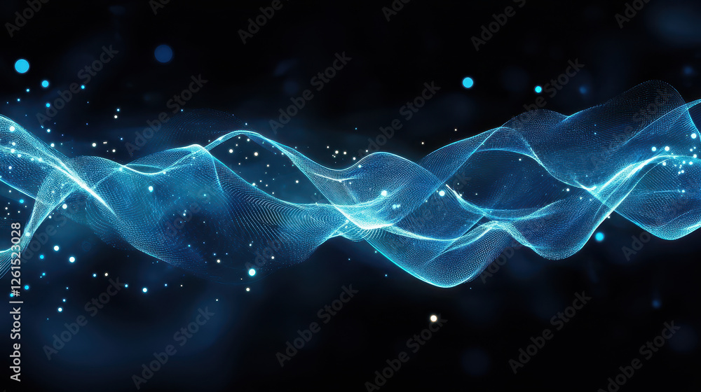 Poster abstract blue glowing particles wave on a dark background with a bokeh effect