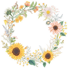 Obraz premium A floral wreath made of wildflowers, including sunflowers, daisies, transparent background, PNG