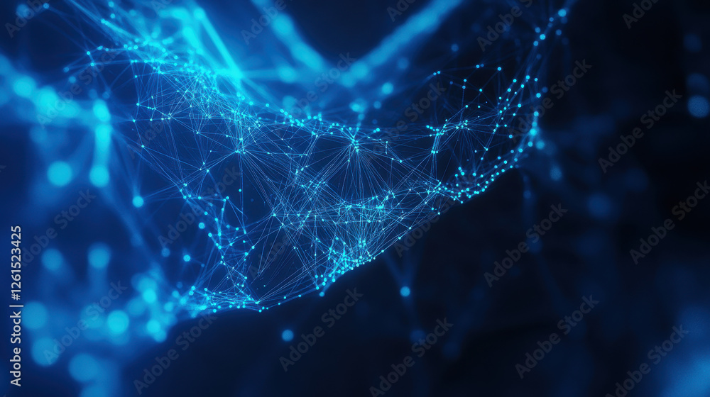 Poster Abstract blue glowing particles wave on a dark background with a bokeh effect