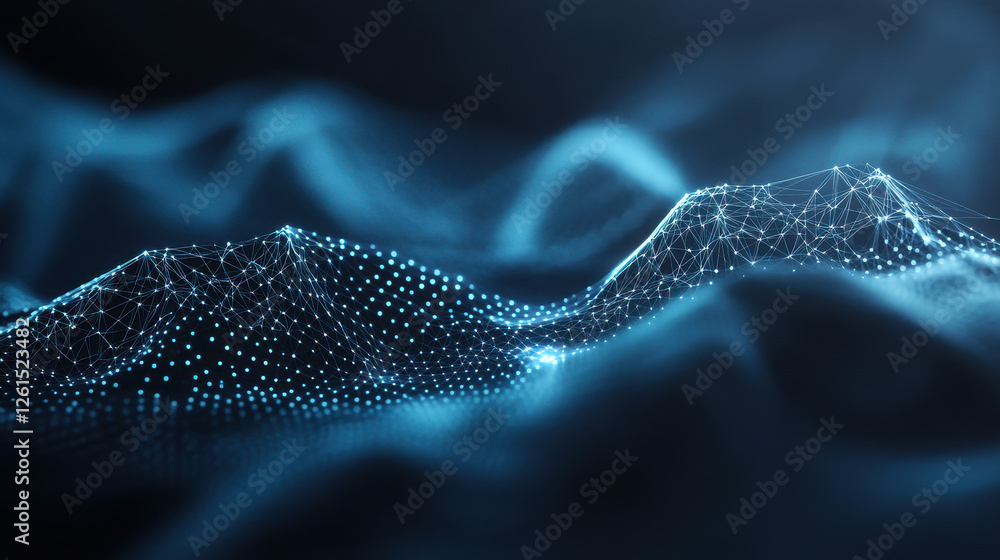 Poster Abstract blue glowing particles wave on a dark background with a bokeh effect