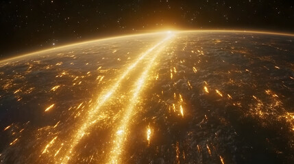 Stunning view of Earth from space at sunrise. City lights illuminate a long, glowing path across the planet against the backdrop of a star-studded sky. Breathtaking cosmic scenery.