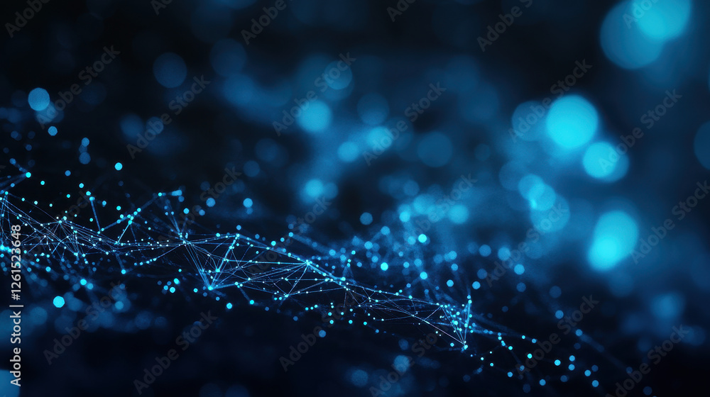 Poster abstract blue glowing particles wave on a dark background with a bokeh effect