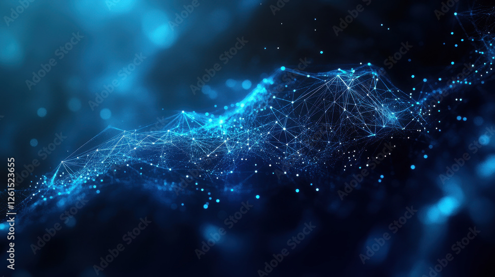 Poster abstract blue glowing particles wave on a dark background with a bokeh effect