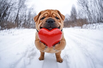 Advertising furry friend concept art artwork. Chinese shar-pei - my treasured dog, symbol of friendship. Cute chinese shar-pei doggy with companion toy red heart on a walk in a winter green spa.