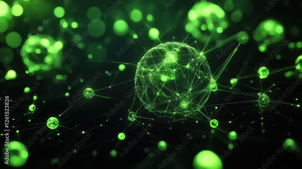 Poster abstract background with glowing green spheres and interconnected lines on a dark black backdrop
