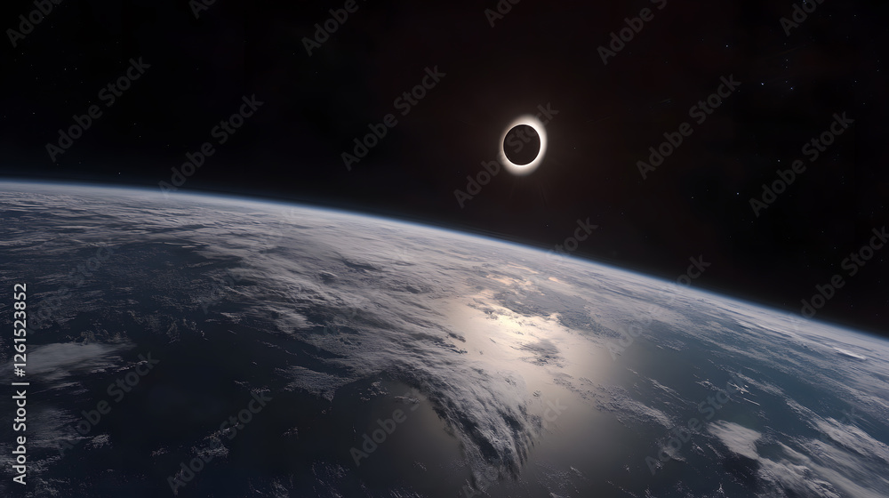 Poster stunning view of a total solar eclipse from space. the earth's curvature is visible, with a thin lay