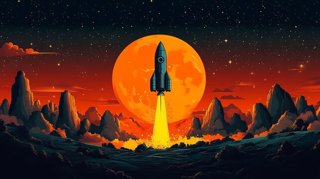 Creative vector illustration of a rocket ship landing on the moon perfect for space themed projects