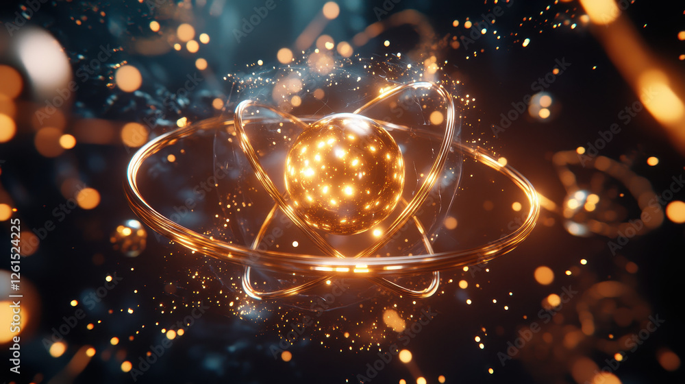 Poster abstract futuristic background with a glowing golden atomic model and other elements on a dark backd
