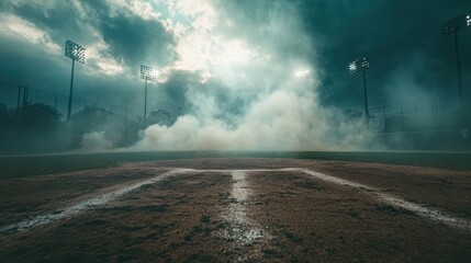 Smoky baseball field at dusk, pitcher's mound visible. Perfect for sports, suspense, or mystery themes, evokes anticipation and drama.