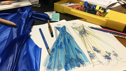 Fashion sketches of gowns, design process, studio workspace, colorful fabrics