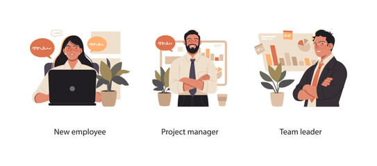 Illustration of a new employee, a project manager, and a team leader in a professional environment. Represents onboarding, leadership, and workplace management.