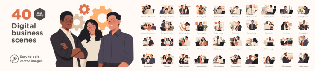 A collection business scenes illustrating various professional concepts. The set includes teamwork, strategy planning, online learning, project management, and career growth in a modern office setting